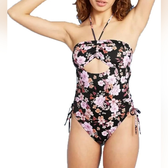 Shade & Shore Halter Keyhole Cut Out Back One Piece Swimsuit Black Floral Size M - Picture 16 of 16